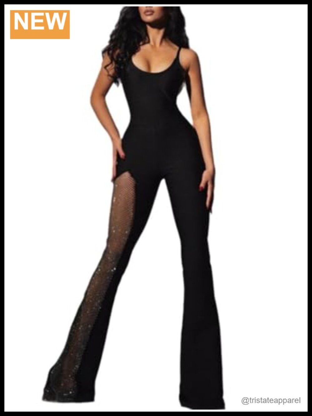 Women's Spaghetti Strap Rhinestone Mesh Panel Flare Leg Jumpsuit Romper